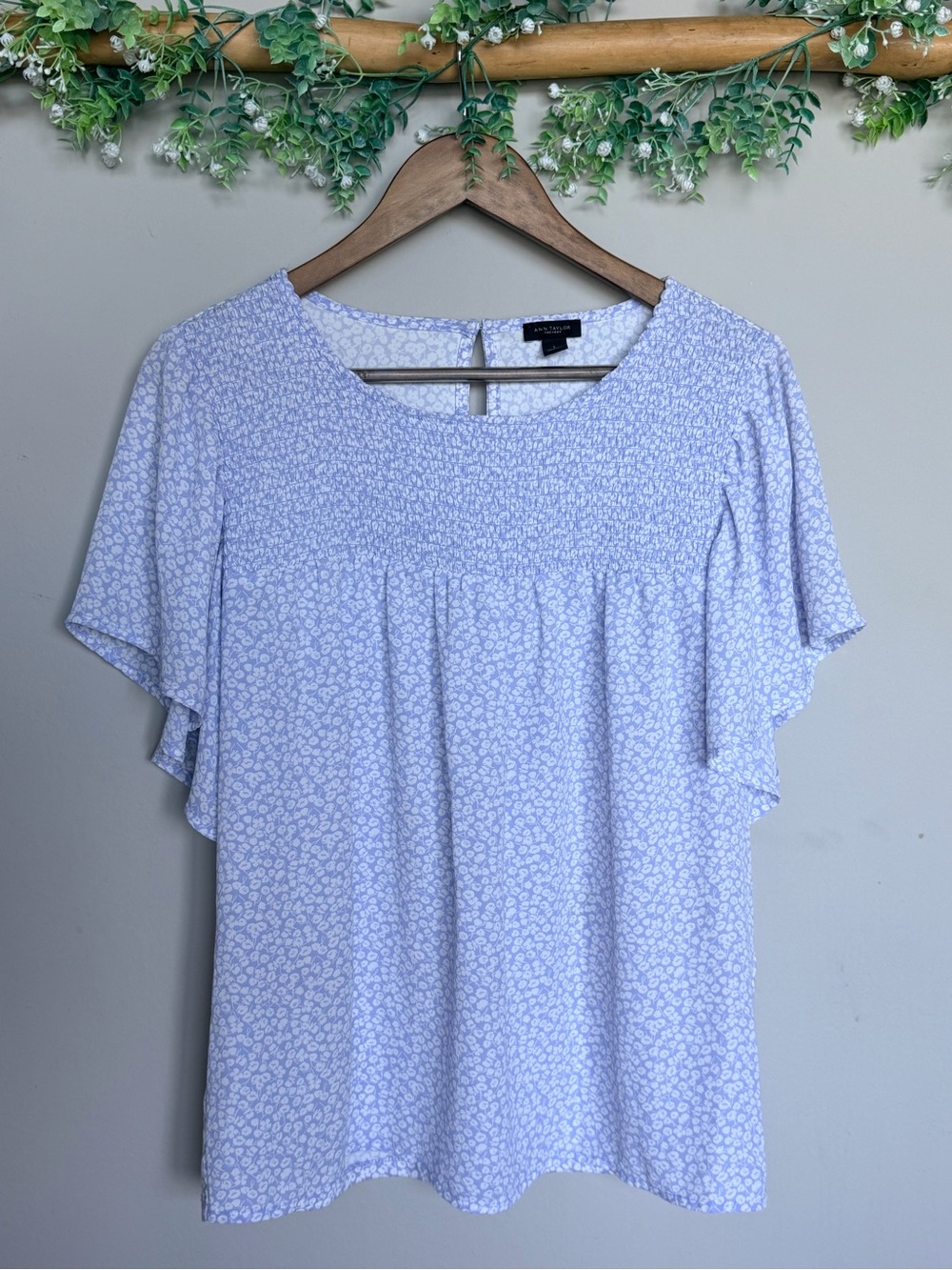 Ann Taylor Lavender Floral Smocked Yoke Flutter Sleeve Top